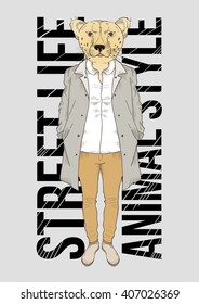 vector illustration of a stylish hipster man with the head of the animal leopard. graphic design for t-shirts, graphics for print on clothes. stylish drawing