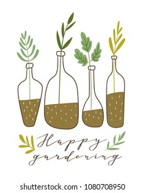Vector illustration. Stylish home decor. Eco poster with text - ' Happy gardening'. Eco friendly print for t-shirt  design.