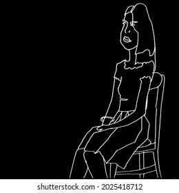 vector illustration. Stylish image, stylized, a girl in a dress sits on a chair. On the hands of a bracelet, palms folded together, a blouse with ruffles, a skirt. Black background and white line, out