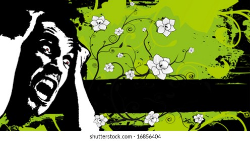 Vector illustration of a stylish ink splatter screaming man with beautiful floral elements and grunge textures.