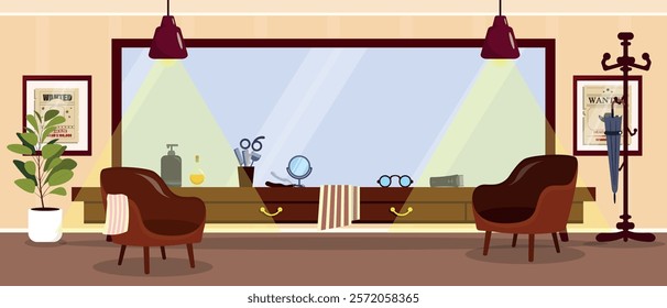 Vector illustration of stylish interior of hair salon. Cartoon scene of hair salon with big mirror, chairs, trimmer, scissors, brushes,cosmetics,towels,glasses,flowerpots,posters,hanger with umbrella.