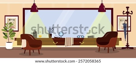 Vector illustration of stylish interior of hair salon. Cartoon scene of hair salon with big mirror, chairs, trimmer, scissors, brushes,cosmetics,towels,glasses,flowerpots,posters,hanger with umbrella.