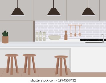 Vector illustration of a stylish kitchen. Cabinets, kitchen utensils, chairs are all in beige shades with wood inserts