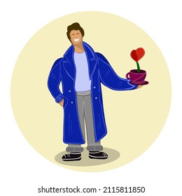Vector illustration of a stylish man in a blue coat with a flower in the form of a heart in his hands, a flat illustration