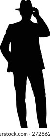 Ilustración vectorial de icono de hombre elegante en silueta con traje, sombrero de sombrero de sombrero y pose de gesto clásico