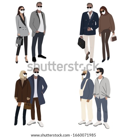 Vector illustration of stylish modern business man and woman in medical mask. Cold. Virus 
