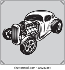 vector illustration of a stylish monochrome hotrod on a gray background