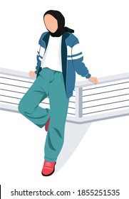 vector illustration of a stylish Muslim woman in front of the camera seen in casual clothes. leaning on the parapet. white background.