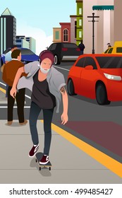 A vector illustration of a Stylish Old Man Skateboarding on the Road