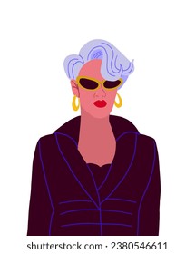 Vector illustration of stylish old woman wearing dark clothes and stylish eyeglasses. Fashion influencer old woman. Gray hair