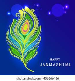 Vector illustration of a stylish Peacock Feather with shiny Blue background for Happy Janmashtami.