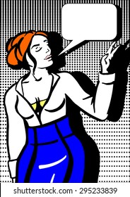 Vector illustration of stylish plus size woman with commix bubble. Pop art style.