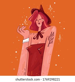 Vector illustration, stylish postcard. Fashionable girl witch in a hat posing like a model. Aesthetic advertising card poster for fashion store or magic symbols.