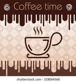 Vector illustration. Stylish poster with mug of coffee on light brown seamless pattern. Creative design emblem for restaurant, cafe, menu, poster and flyer.