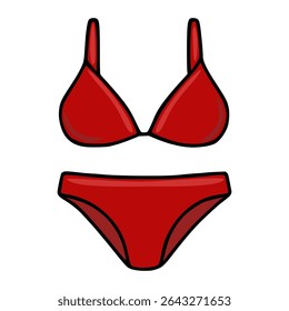 Vector illustration of a stylish red bikini, featuring a classic triangle top and a high-cut bottom, rendered in a bold, cartoonish style with distinct black outlines.