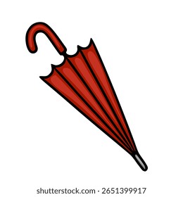 A vector illustration of a stylish red umbrella with a curved handle, depicted in a simple, cartoonish style, perfect for autumnal designs or weather-related projects.