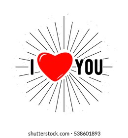 Vector illustration of stylish retro greeting card for Valentines day holiday with burst, red heart and typography text sign isolated on white background. I love you