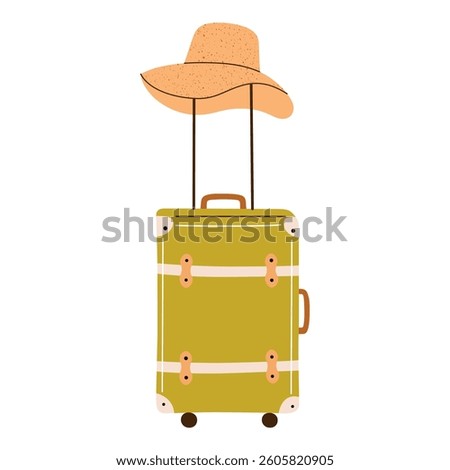 Vector illustration of stylish retro suitcase with straps and womens woven hat hanging on handle. Luggage doodle icon for female solo travel, vacations in hot countries, and tropical getaways