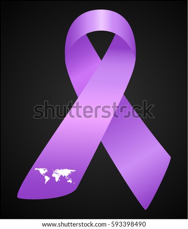 Vector illustration of stylish ribbon for World Lupus Day. Purple awareness realistic ribbon with worl map isolated on black background 