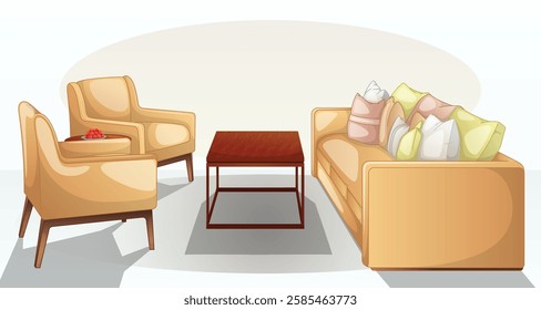 Vector illustration of a stylish sofa set featuring modern and classic designs. Includes leather, fabric, and quilted upholstery with pillows, ideal for interior decor, furniture catalogs, and home de