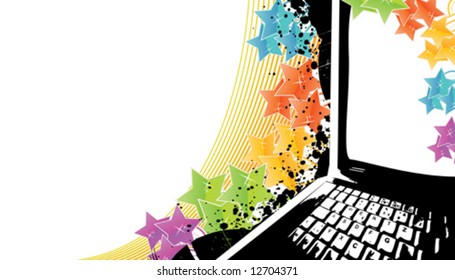 Vector illustration of a stylish technology celebration background with rainbow stars and notebook laptop trace. On separate layers.