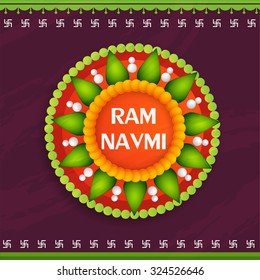 Vector illustration of stylish text with decorated rangoli for Ram Navami festival.