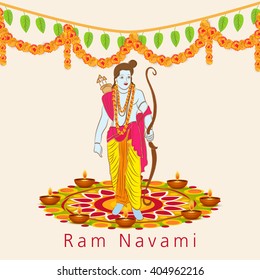 Vector illustration of stylish text with decorated rangoli for Ram Navami festival  with Lord Ram.