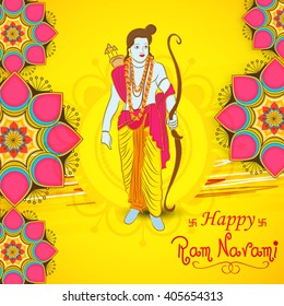 Vector illustration of stylish text with decorated background for Ram Navami festival with Lord Ram.