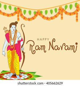 Vector illustration of stylish text with decorated rangoli for Ram Navami festival with Lord Ram.