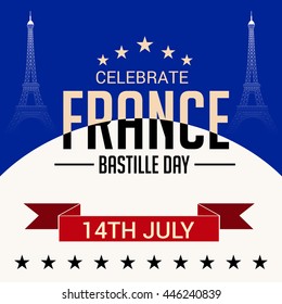 Vector illustration of a stylish text with Eiffel Tower for France Bastille Day.