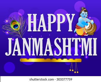 Vector illustration of a stylish text for Happy Janmashtmi with Blue background.