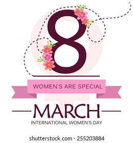 Vector illustration of stylish text for International Women's Day with pink ribbon in white background.