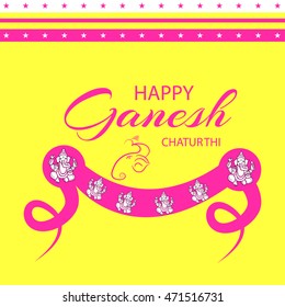 Vector illustration of a stylish text with Pink ribbon in Yellow background for Happy Ganesh Chaturthi.