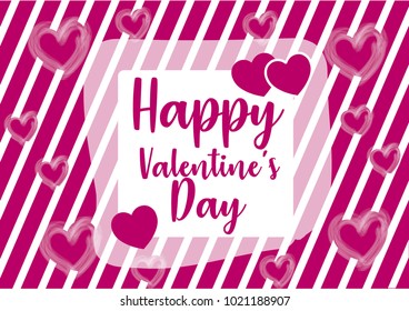 Vector illustration of stylish valentines day greeting card template with lettering typography text sign, hearts, white round shape frame on seamless rough stripes background in Memphis style