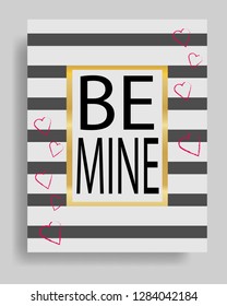 Vector illustration of stylish valentines day greeting card template with lettering typography text sign, hearts, white round shape frame on seamless rough stripes background in Memphis style