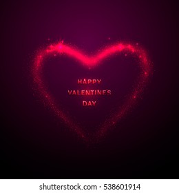 Vector illustration of stylish valentines day greeting poster with shine glow pink heart silhouette with tails, like meteor, isolated on purple background