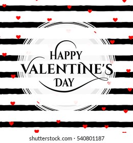 Vector illustration of stylish valentines day greeting card template with typography text sign, hearts, white round shape frame on seamless rough stripes background in Memphis style