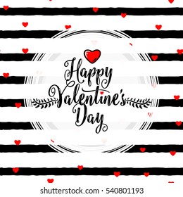 Vector illustration of stylish valentines day greeting card template with lettering calligraphy text sign, hearts, white round shape frame on seamless rough stripes background in Memphis style