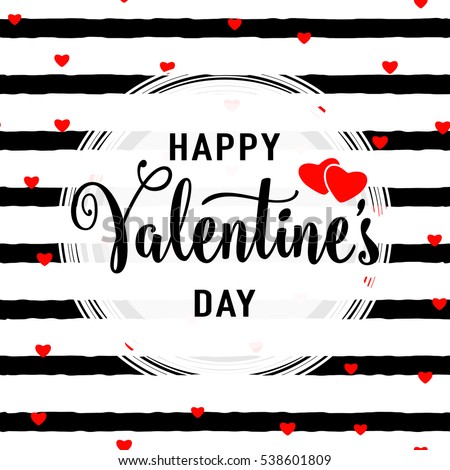 Vector illustration of stylish valentines day greeting card template with lettering typography text sign, hearts, white round shape frame on seamless rough stripes background in Memphis style
