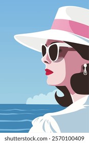 Vector illustration of a stylish woman with dark hair, sunglasses, and a white hat gazing at the sea with a sailboat in the background