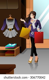 A vector illustration of stylish woman shopping in a mall