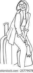 Vector illustration of the stylish woman in sunglasses, smiling as she sits on her suitcase while holding a handbag. Her confident posture and modern outfit reflect a trendy traveler 