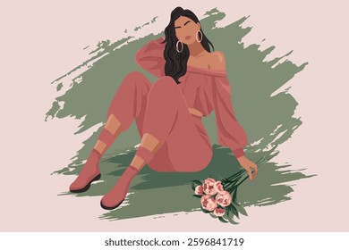 Vector illustration of a stylish woman in a trendy off-shoulder outfit sitting with a bouquet of flowers. Earthy tones and a textured background create an elegant, modern aesthetic. 
