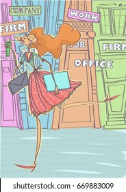 Vector illustration of stylish woman walking and drinking smoothie, business buildings in the background.