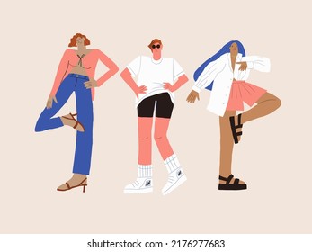 Vector illustration of stylish women in fashionable clothing on beige background. Fashion bloggers characters concept. Stylish modern women. Parisian style. Girl power
