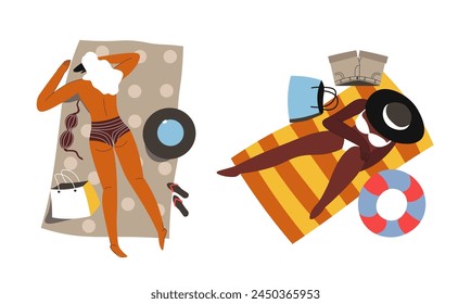 Vector illustration of stylish women relaxing on the beach, isolated on white.
