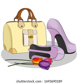 ilustración vectorial, bolsa de luz de color beige elegante para mujeres, zapatos y flores de acabado, equipaje de mano, elemento de diseño, aislado sobre un fondo blanco