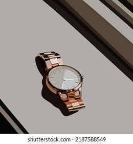 Vector illustration of stylish wrist watch beside window, flat cartoon design style.