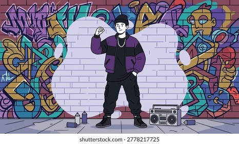 A vector illustration of a stylish young man in urban streetwear posing against a colorful graffiti brick wall with a boombox and spray paint bottles.