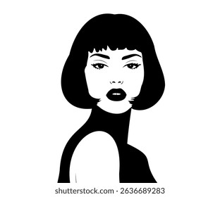 Vector illustration of a stylish young woman with a short black bob haircut and bold lipstick. Modern minimalist portrait, chic fashion character, and elegant graphic design for contemporary projects.